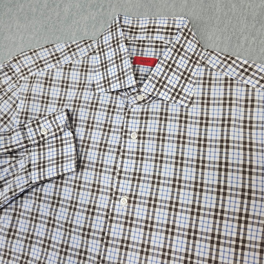 Isaia Shirt Mens 16 41 Plaid Cotton Button-Up Made In Italy